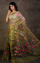 Muslin Silk Jamdani Saree in Dark Olive Green, Gold Zari and Multicolored Thread Work