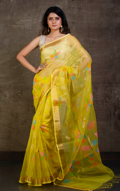 Muslin Silk Jamdani Saree in Bright Yellow, Gold Zari and Multicolored Thread Work