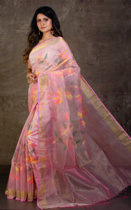 Bird Motif Silk Muslin Jamdani Saree in Frosted Pink, Gold Zari and Multicolored Thread Work
