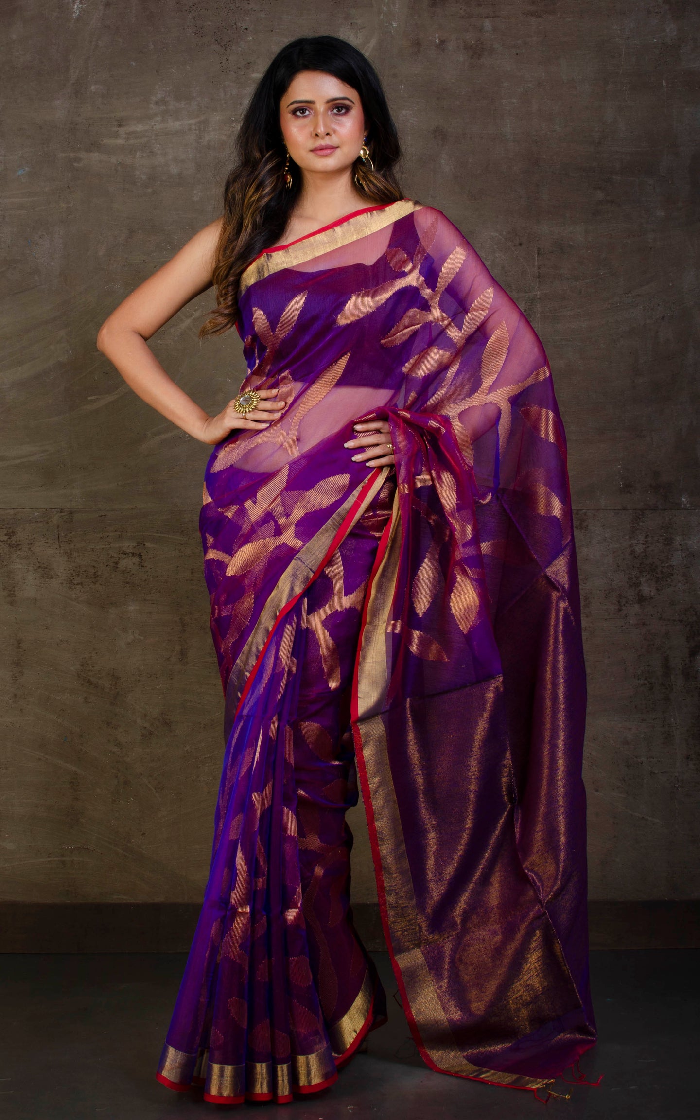Jangla Jaal Work Muslin Silk Jamdani Saree in Purple, Red and Antique Gold