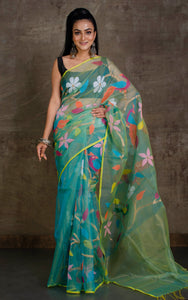 Peacock and Floral Motif Work Muslin Silk Jamdani Saree in Tiffany Blue, Yellow and Multicolored Thread Work