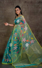 Peacock and Floral Motif Work Muslin Silk Jamdani Saree in Tiffany Blue, Yellow and Multicolored Thread Work