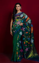 Peacock and Floral Motif Work Muslin Silk Jamdani Saree in Phthalo Green, Blue and Multicolored Thread Work