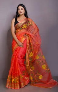 Skirt Border Work Muslin Jamdani Saree in Peach and Multicolored Thread Work