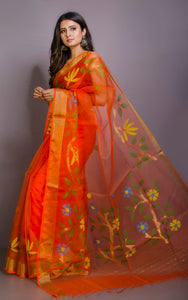 Skirt Border Work Muslin Silk Jamdani Saree in Orange and Multicolored Thread Work