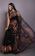 Authentic Soft Silk Muslin Jamdani Saree in Jet Black, Copper and Multicolored Meenakari Work