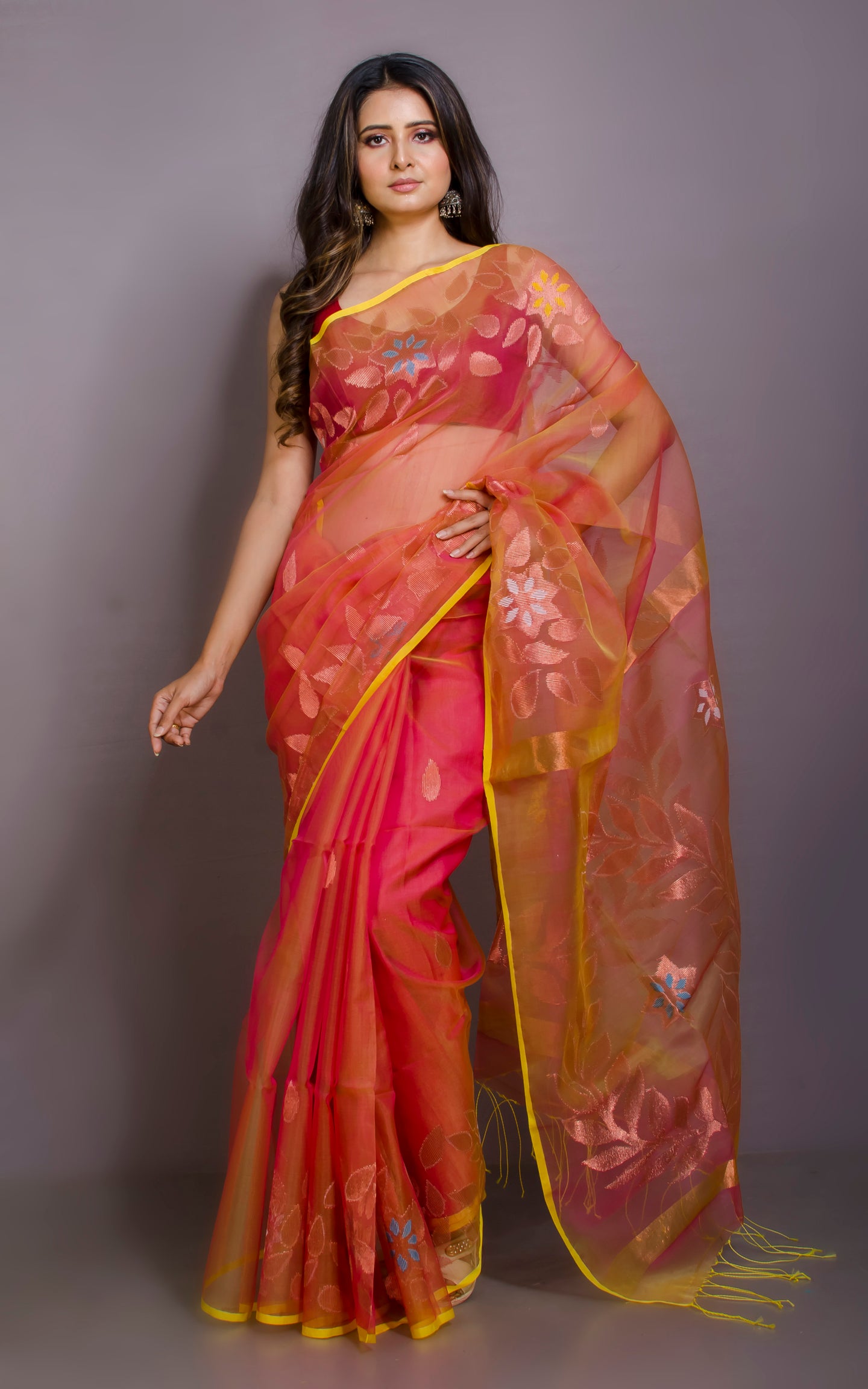 Authentic Soft Silk Muslin Jamdani Saree in Peach Gold and Multicolored Meenakari Work