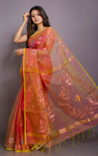 Authentic Soft Silk Muslin Jamdani Saree in Peach Gold and Multicolored Meenakari Work