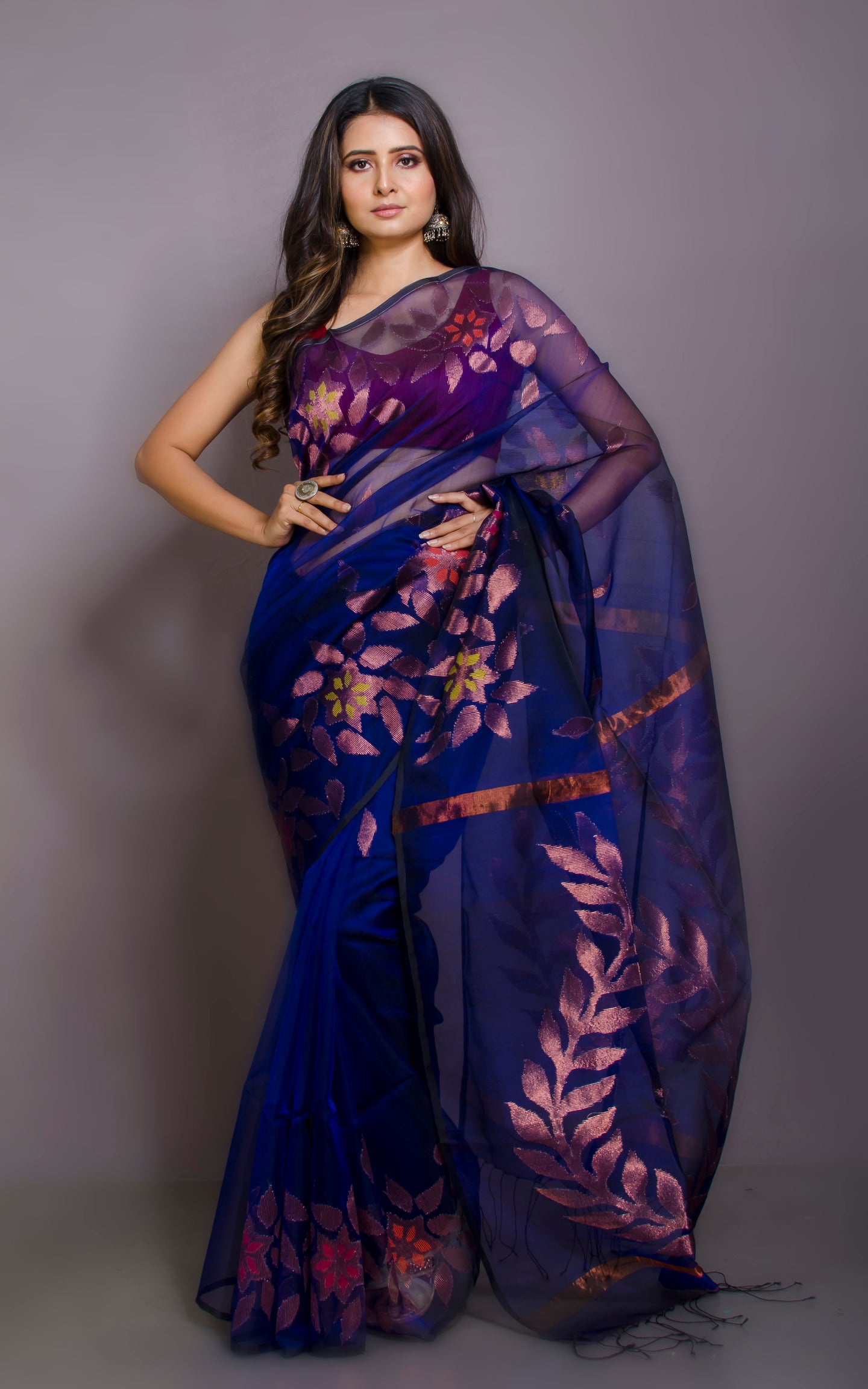 Authentic Soft Silk Muslin Jamdani Saree in Dark Blue, Copper and Multicolored Meenakari Work
