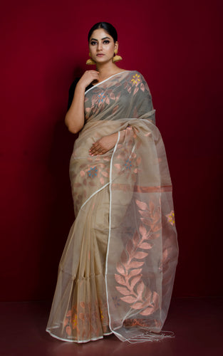 Authentic Soft Silk Muslin Jamdani Saree in Beige, Gold and Multicolored Meenakari Work