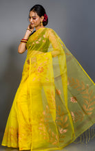 Authentic Soft Silk Muslin Jamdani Saree in Cadmium Yellow, Copper and Multicolored Meenakari Work