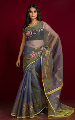Authentic Soft Silk Muslin Jamdani Saree in Dual Tone of Grey and Yellow with Multicolored Meenakari Work