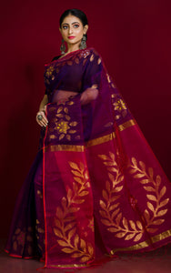 Authentic Soft Silk Muslin Jamdani Saree in Dark Purple, Red and Multicolored Meenakari Work