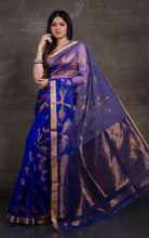 Jangla Jaal Work Muslin Silk Jamdani Saree in Royal Blue and Antique Gold