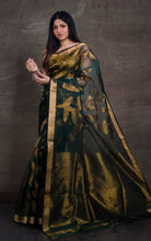 Jangla Jaal Work Muslin Silk Jamdani Saree in Deep Bottle Green and Antique Gold