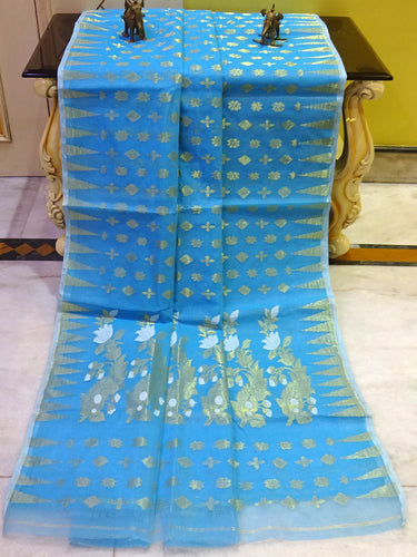 Hand Woven Cotton Muslin Jamdani Saree in Sky Blue and Gold