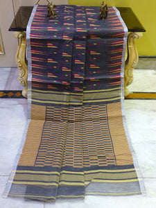 Designer Geometric Pattern Jamdani Saree in Dark Grey, Beige and Magenta Thread Work