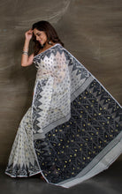 Handwoven Jamdani Saree in White and Black - Bengal Looms India