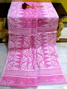 Handwoven Jamdani Saree in Pink and White