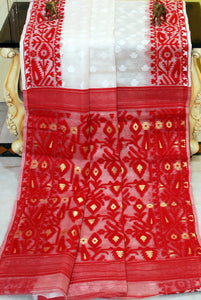 Sholapuri Self Work Contrast Border Cotton Muslin Jamdani Saree in White, Red and Gold