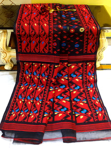 Dhakai Jamdani Saree in Black, Red, Beige and Blue from Bengal Looms India