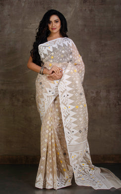 Handwoven Jamdani Sarees in Light Mud and White