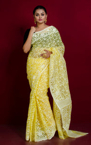 Sholapuri Work Jamdani Saree in Light Yellow, White and Gold