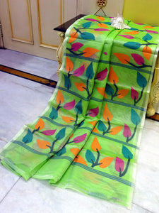 Leaf Motif Nakshi Silk Jamdani Saree in Mint Green and Multicolored Thread Work