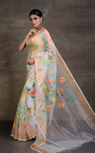 Bird Motif Silk Muslin Jamdani Saree in Off White and Multicolored Thread Work