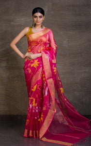 Traditional Soft Muslin Jamdani Saree in Hot Pink, Yellow, Gold and White