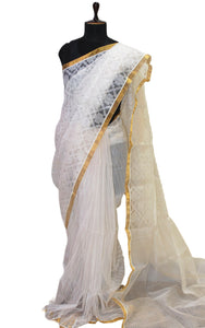 Traditional Sholapuri Work Muslin Jamdani Silk Saree in Off White and Gold Zari Selvage