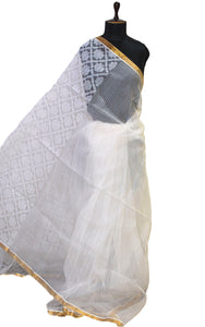 Traditional Sholapuri Work Muslin Jamdani Silk Saree in Off White and Gold Zari Selvage