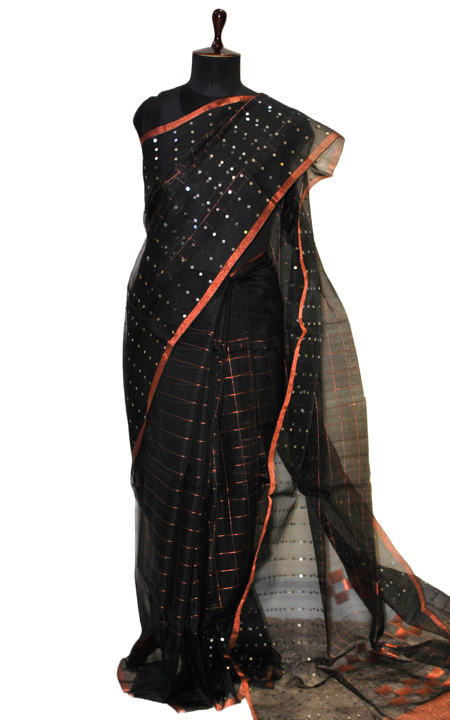 Designer Sitara Work Skirt Border Muslin Silk Saree in Black and Copper