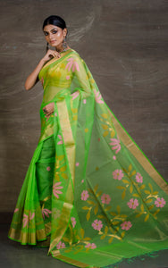 Muslin Jamdani Saree in Parrot Green and Multicolored Thread Work