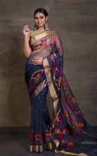 Skirt Border Work Muslin Jamdani Saree in Dark Blue and Multicolored Thread Work