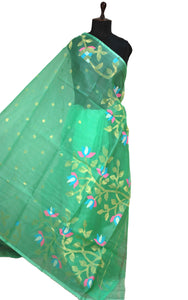 Silk Jamdani Saree in Sea foam Green and Multi Colored Thread Work