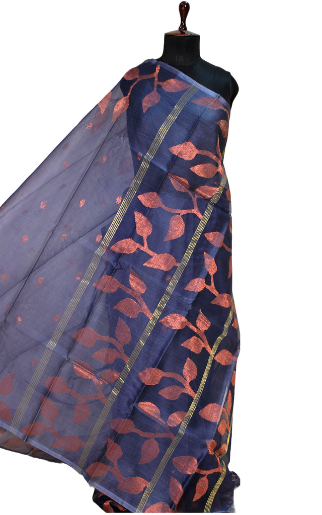 Leaf Motif Nakshi Silk Jamdani Saree in Slate Grey & Copper – Bengal ...