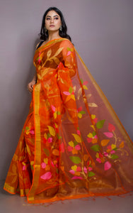 Muslin Silk Jamdani Saree in Orange, Gold Zari and Multicolored Thread Work