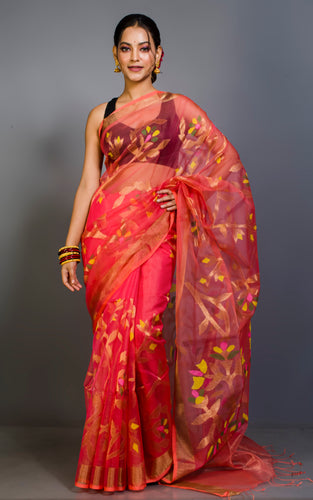 Muslin Silk Jamdani Saree in Peach, Gold Zari and Multicolored Thread Work