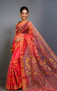 Muslin Silk Jamdani Saree in Peach, Gold Zari and Multicolored Thread Work