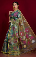 Premium Quality Muslin Silk Jamdani Saree in Dual Tone Apple Green, Gold Zari and Multicolored Thread Work