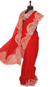 Designer Organza Silk with Embroidery Work in Bright Red and Powder White