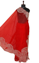 Designer Organza Silk with Embroidery Work in Bright Red and Powder White