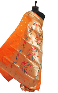 Traditional Blended Silk Paithani Sari in Peel Orange, Golden and Multicolored