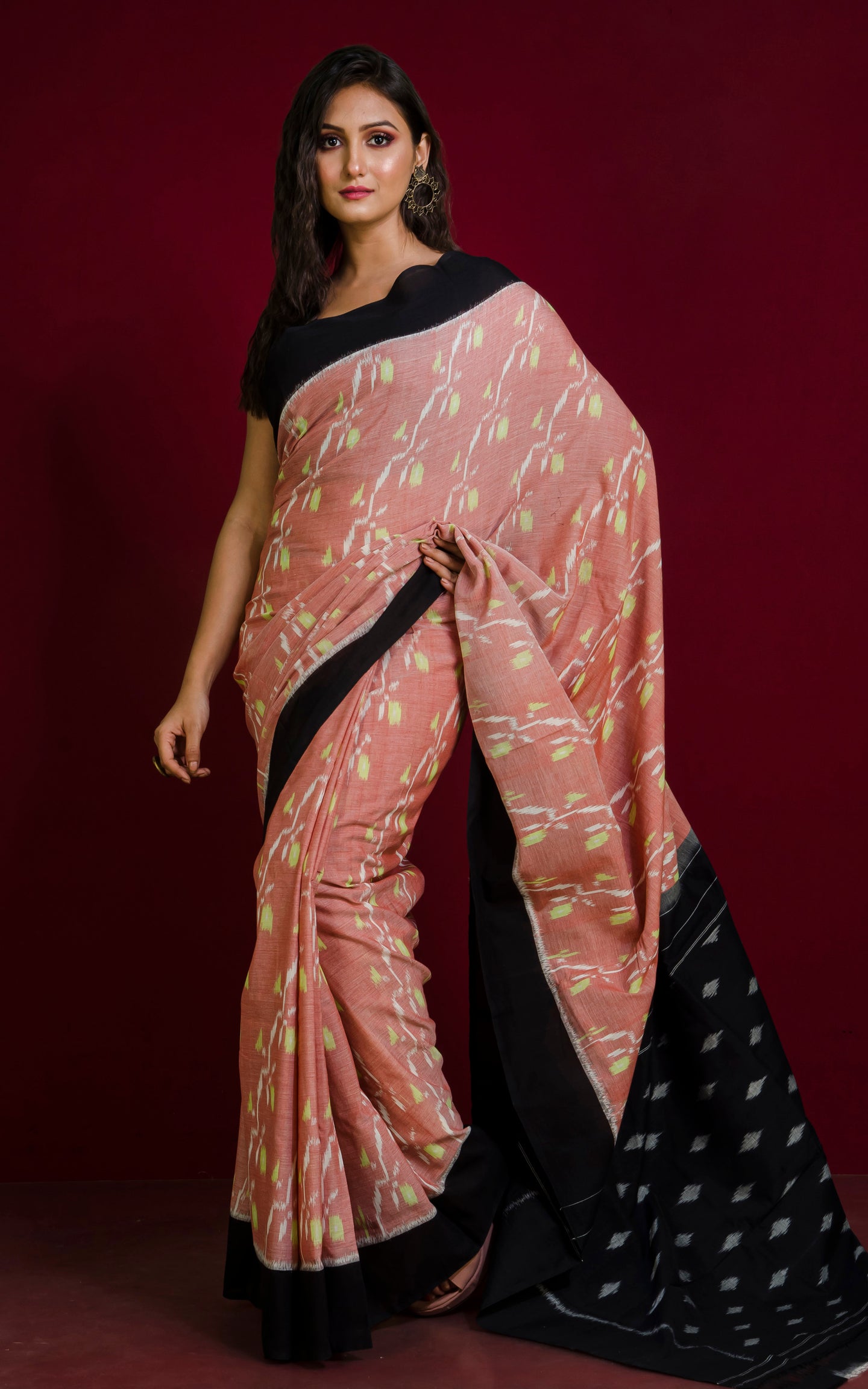 Soft Mercerized Cotton Ikkat Pochampally Saree in Pale Chestnut Brown, Off White, Pale Yellow and Black