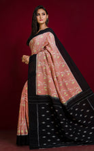 Soft Mercerized Cotton Ikkat Pochampally Saree in Pale Chestnut Brown, Off White, Pale Yellow and Black