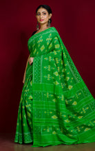 Soft Mercerized Cotton Ikkat Pochampally Saree in Parakeet Green, Lime Green and Off White