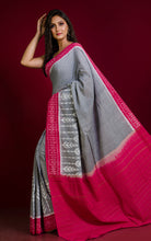 Soft Mercerized Cotton Ikkat Pochampally Saree in Smoke Grey, Off White and Hot Pink