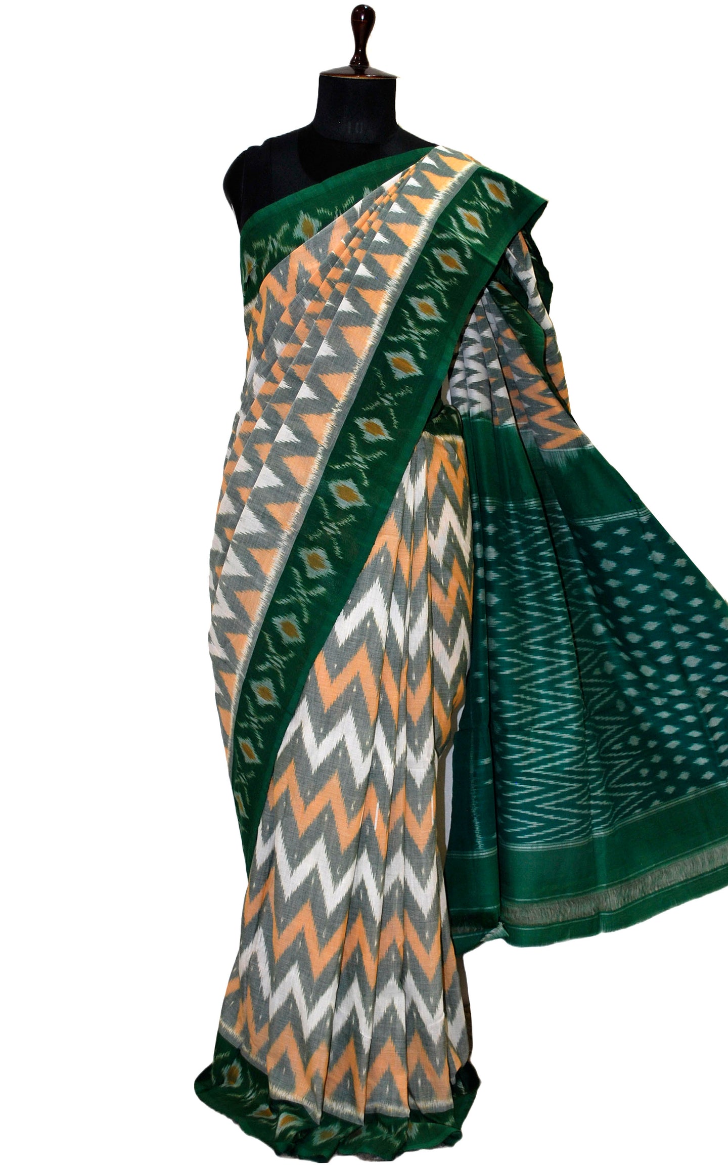 Soft Mercerized Cotton Ikkat Pochampally Saree in Off White, Multicolored and Bottle Green
