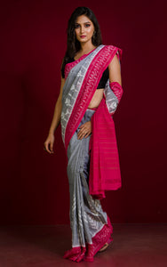 Soft Mercerized Cotton Ikkat Pochampally Saree in Smoke Grey, Off White and Hot Pink